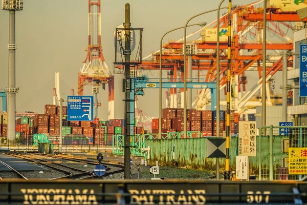 Jeřábí Skupina Yokohama Port Večer — Stock fotografie