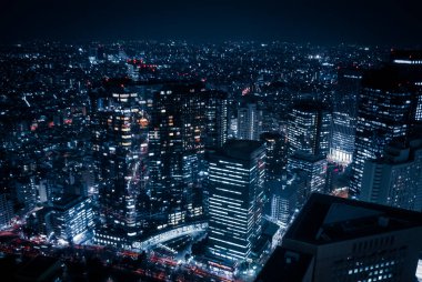 Tokyo Büyükşehir Hükümet Binası 'ndan gece görüşü gökdelenleri