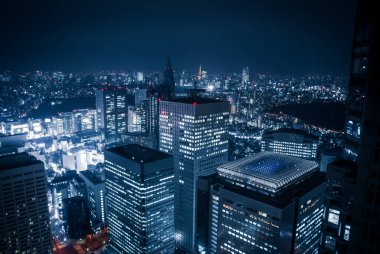 Tokyo Büyükşehir Hükümet Binası 'ndan gece görüşü gökdelenleri