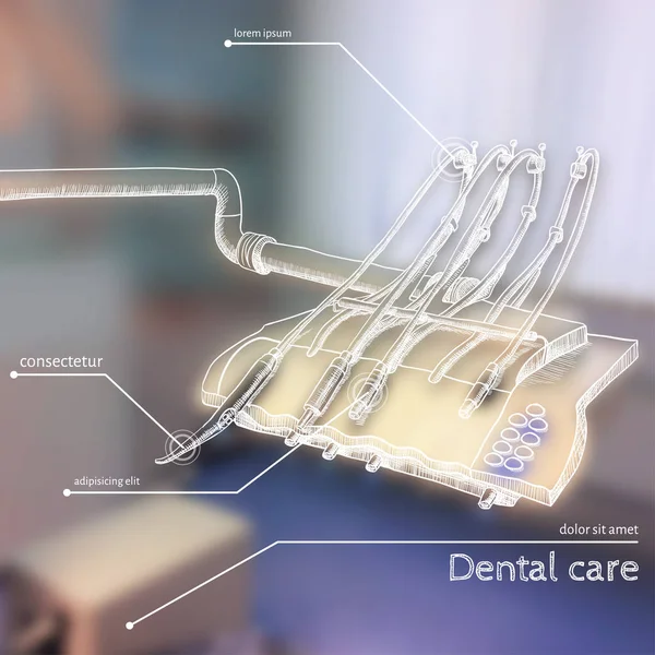 Vektör çizim. -Bulanık fotoğraf bir dişçi bir kroki ile - Diş implantları arka plan