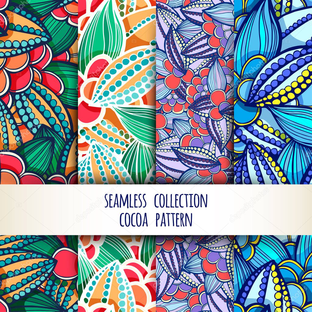 Vector illustration. Set. seamless patterns of stylized leaves and fruits of cocoa beans.