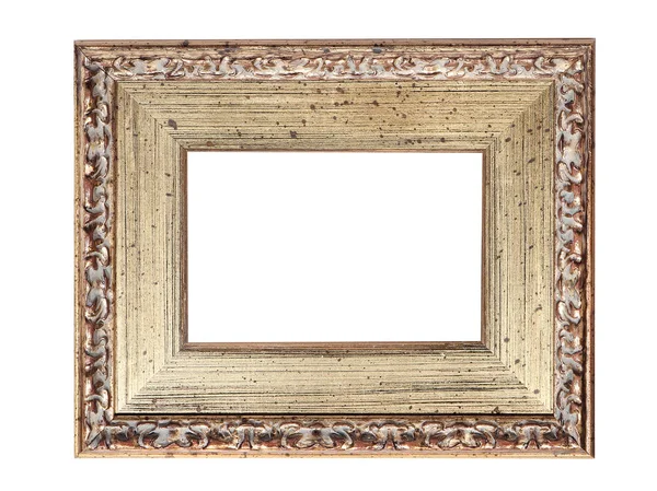 Ξύλινο πλαίσιο για πίνακες με χρυσή πατίνα. Απομονωμένα σε λευκό — Φωτογραφία Αρχείου