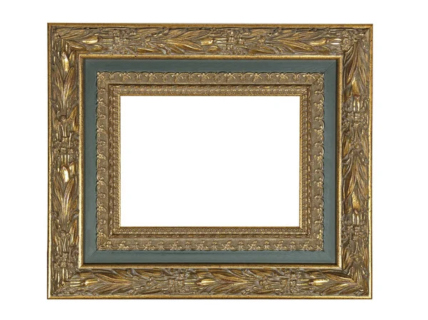 Drewniana rama do obrazów ze złotą patyną. Odizolowane na biało — Zdjęcie stockowe