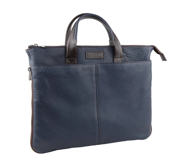 Novo saco de moda em couro azul com alça marrom. Isolado em branco — Fotografia de Stock