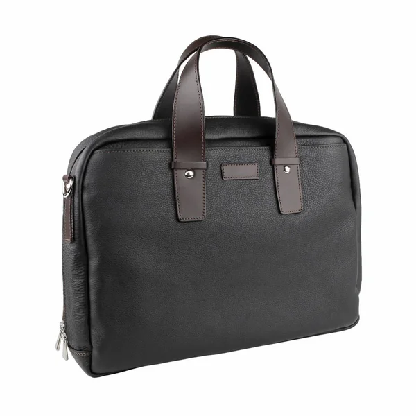 Neue Modetasche aus schwarzem Leder mit braunem Griff. Isoliert auf Weiß — Stockfoto