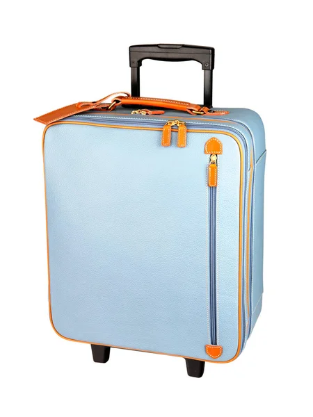 Mala de viagem de couro laranja azul claro isolado no branco — Fotografia de Stock