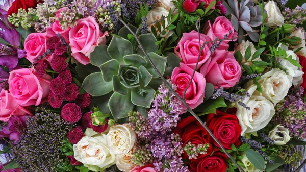 Blumenschmuck Hintergrund Mit Rosen Flieder Und Chrysanthemen Santini — Stockfoto