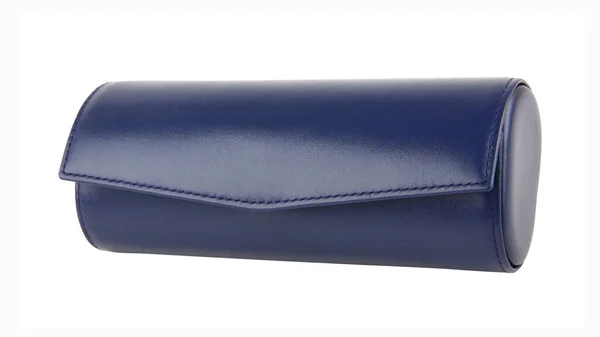 Closed blue leather eyeglasses case. Without shadows. Isolated on