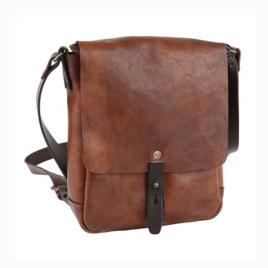 Açık kahverengi deri ceketli yeni moda çantası. Gölgeler olmadan. Beyaz arkaplanda izole 