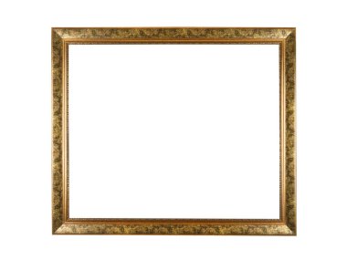 Tablolar veya fotoğraf için boş altın ahşap çerçeve. Beyaz arkaplanda izole