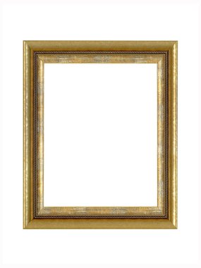 Altın işlemeli tablolar için boş kahverengi ahşap çerçeve. Beyaz arkaplanda izole