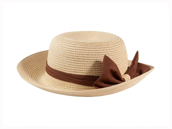 Female Summer Hat Brown Fabric Ribbon Bow Protection Sun Isolated — Stock Photo, Image