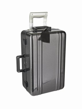 Yeni modern siyah plastik valiz ya da beyaz arka planda izole edilmiş bagaj çantası. Gölgeler olmadan