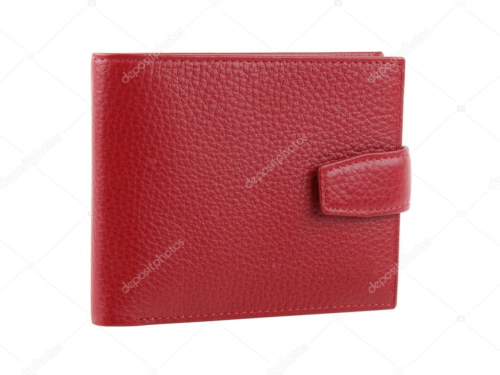 New red wallet of genuine cattle leather. Isolated on white background. Close-up shot 