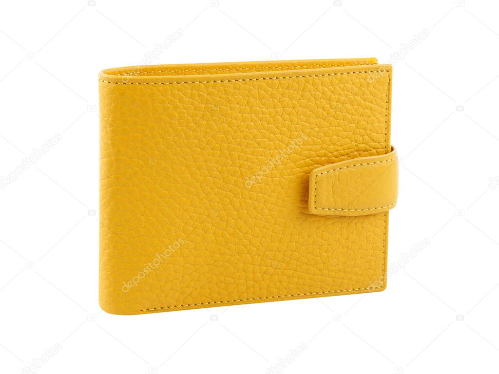 New yellow wallet of genuine cattle leather. Isolated on white background. Close-up shot 
