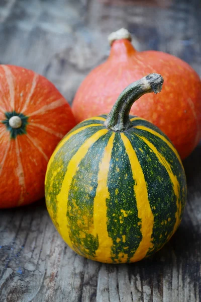 Small organic bright orange and yellow green pumpkins on wooden background