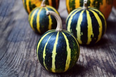 Küçük organik parlak turuncu ve sarı yeşil kabak ahşap arka plan üzerinde