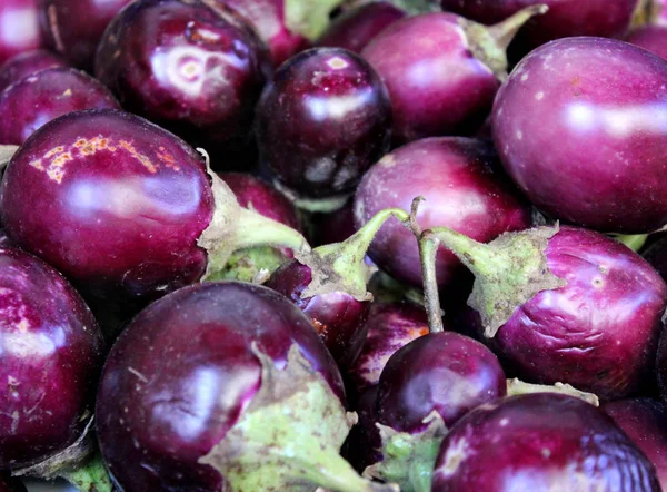 Purple round eggplant Helios at the street market — Stock Photo, Image