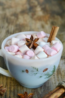 Sıcak kakao marshmallows, yıldız anason ve tarçın ile beyaz fincan