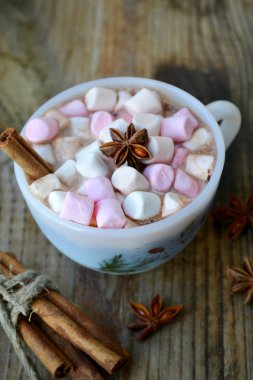 Sıcak kakao marshmallows, yıldız anason ve tarçın ile beyaz fincan