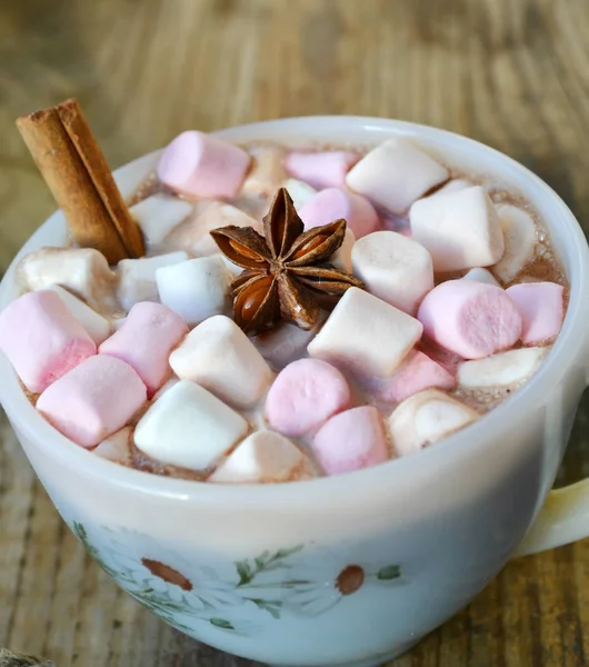 Copa blanca de cacao caliente con malvaviscos, anís estrellado y canela — Foto de Stock