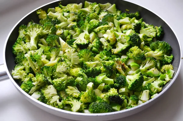 Roasted and cut fresh healthy broccoli cabbage in a pan on white background — Stock Photo, Image