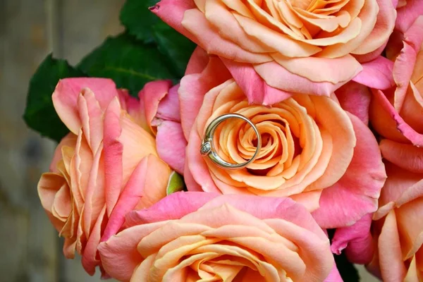 Dwa pierścionki zaręczynowe, złote na wesele piękny bukiet róż — Zdjęcie stockowe