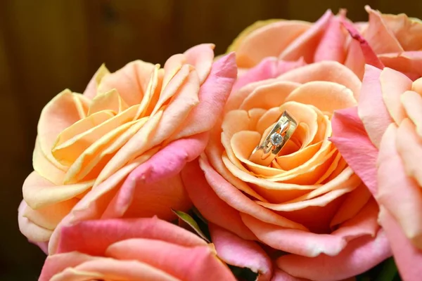 ピンクのバラの美しい結婚式の花束に 2 つのゴールデン婚約指輪 — ストック写真