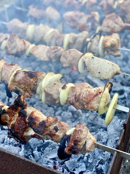 Barbacoa Shashlik Carne Cerdo Con Aros Cebolla Brasero —  Fotos de Stock