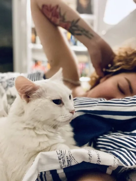 Mulher Bonita Confortavelmente Dormindo Com Seu Gato Branco Bonito — Fotografia de Stock