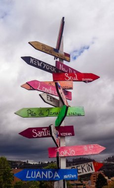 Dünyanın farklı yerlerinin yönlerini gösteren tabela.