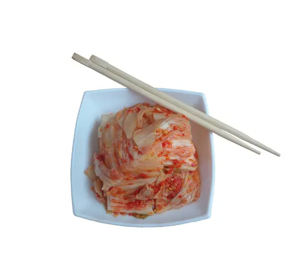 Bowl Házi Kimchi Evőpálcikával Fehér Háttér — Stock Fotó