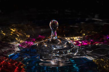 Su damlaları su sıçratarak dalgaları, dalgaları ve soyut su sütunlarını renklendirir.