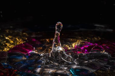 Su damlaları su sıçratarak dalgaları, dalgaları ve soyut su sütunlarını renklendirir.