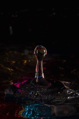 Su damlaları su sıçratarak dalgaları, dalgaları ve soyut su sütunlarını renklendirir.