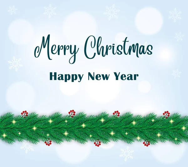 Realistické Vánoční Dekorace Borovicemi Bobulemi Modrém Pozadí Veselé Vánoce Šťastný — Stockový vektor