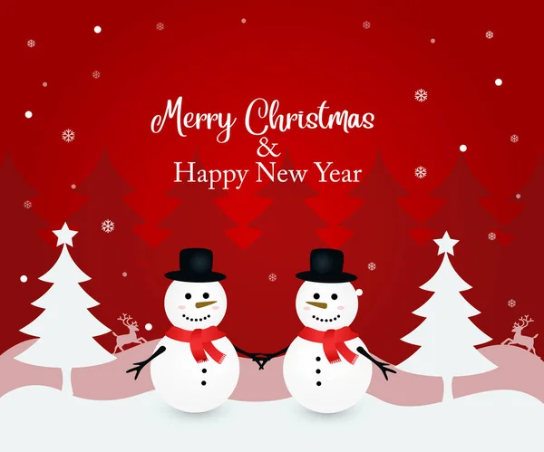 Приклад Двох Сніговиків Взимку Червоний Фон Сніжинками Санта Клаус Летить — стоковий вектор