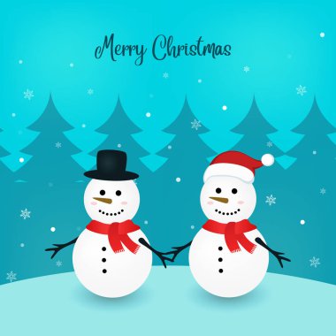 Romantik kar çiftleri doğada kırmızı eşarp kullanır. Noel tebrik kartı. Mavi arkaplan vektörü.