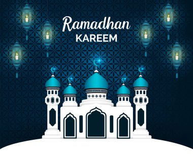 Ramadhan Kareem altın ay ve fenerle süslenmiş. Gerçekçi 3 boyutlu tasarım. Vektör illüstrasyonu