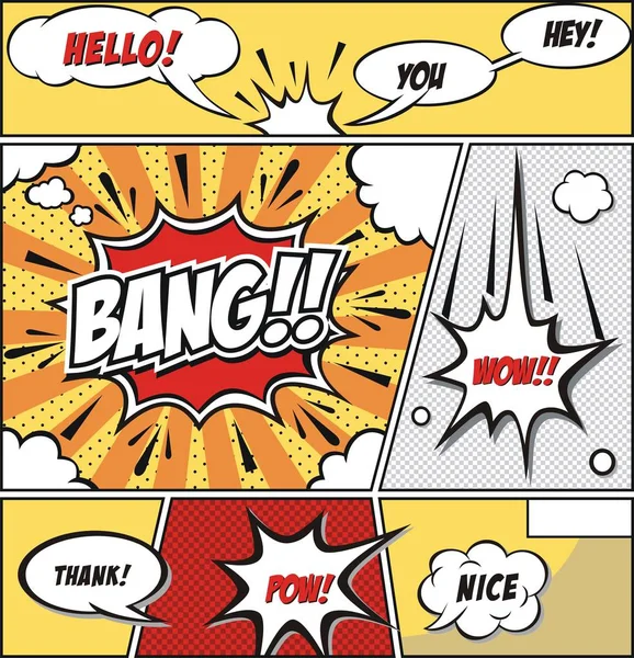 Burbujas de habla cómica y fondo de tira cómica — Vector de stock