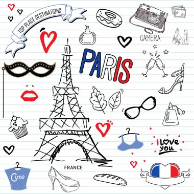 Kağıt arka plan üzerinde renkli doodle ayarlayın. Doodles'ın Paris öğeleri