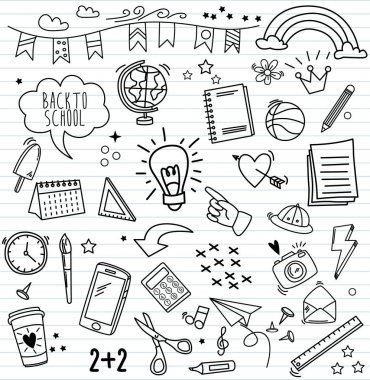 Kağıt arka plan üzerinde renkli doodle ayarla... Doodles'ın okul öğelere.