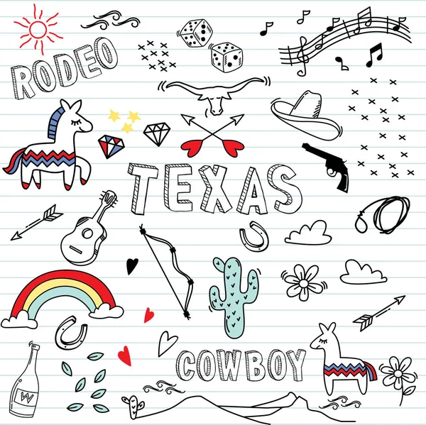 Set Colorful Doodle Paper Background Doodles Texas Elements — Stock Vector