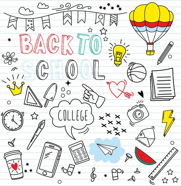 Ensemble Gribouillis Colorés Sur Fond Papier Doodles Éléments Retour École — Image vectorielle