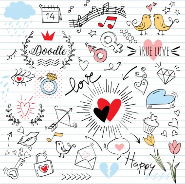 Kağıt arka plan üzerinde renkli doodle ayarlayın. Doodles'ın öğeleri seviyorum