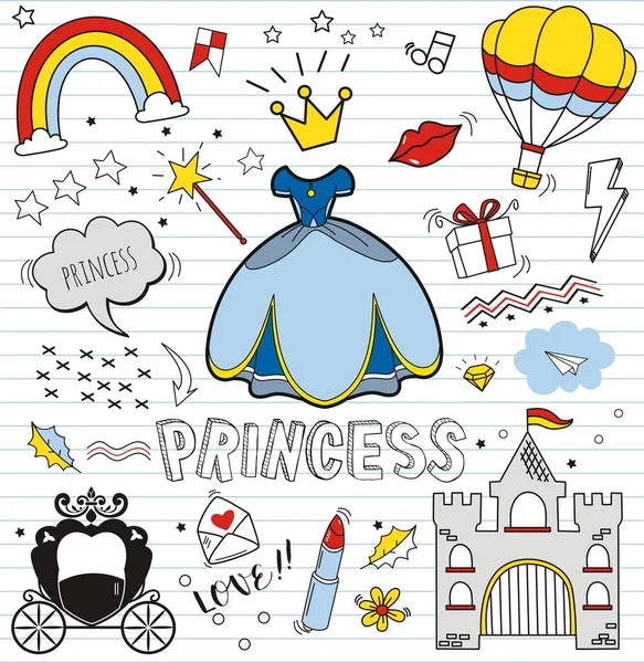 Set Colorful Doodle Paper Background Doodles Princess Elements — Stock Vector