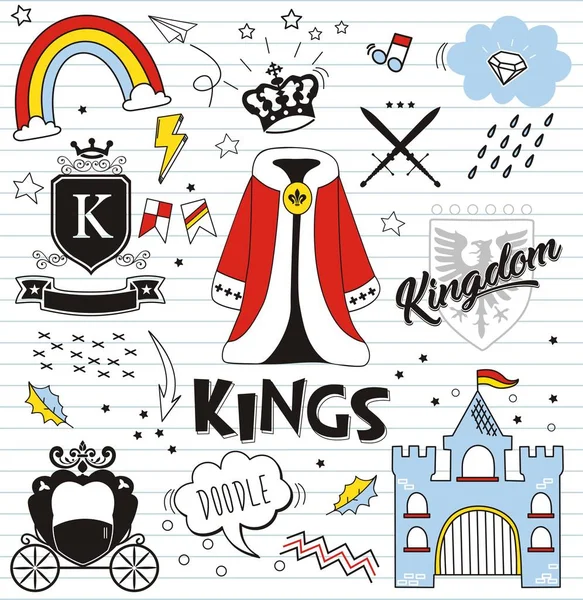 Set Med Färgglada Doodle Papper Bakgrund Doodles Kings Element — Stock vektor