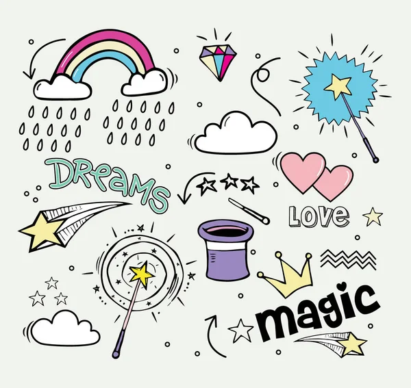 Set Hand Drawn Illustrations Magic Wand Diamond Dreams Other Magic — Stock Vector