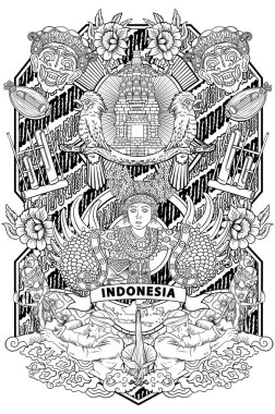 amazing culture of indonesia illustration in vintage frame design clipart