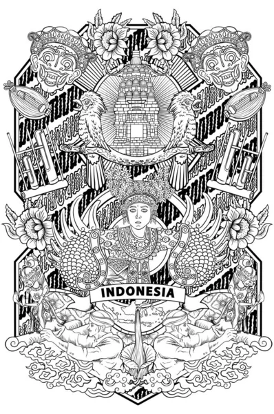 Luar biasa budaya indonesia ilustrasi dalam desain bingkai vintage - Stok Vektor